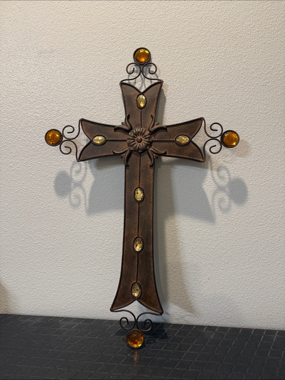 Amber Accented Brown Decorative Wall Cross - Home Wall Decor